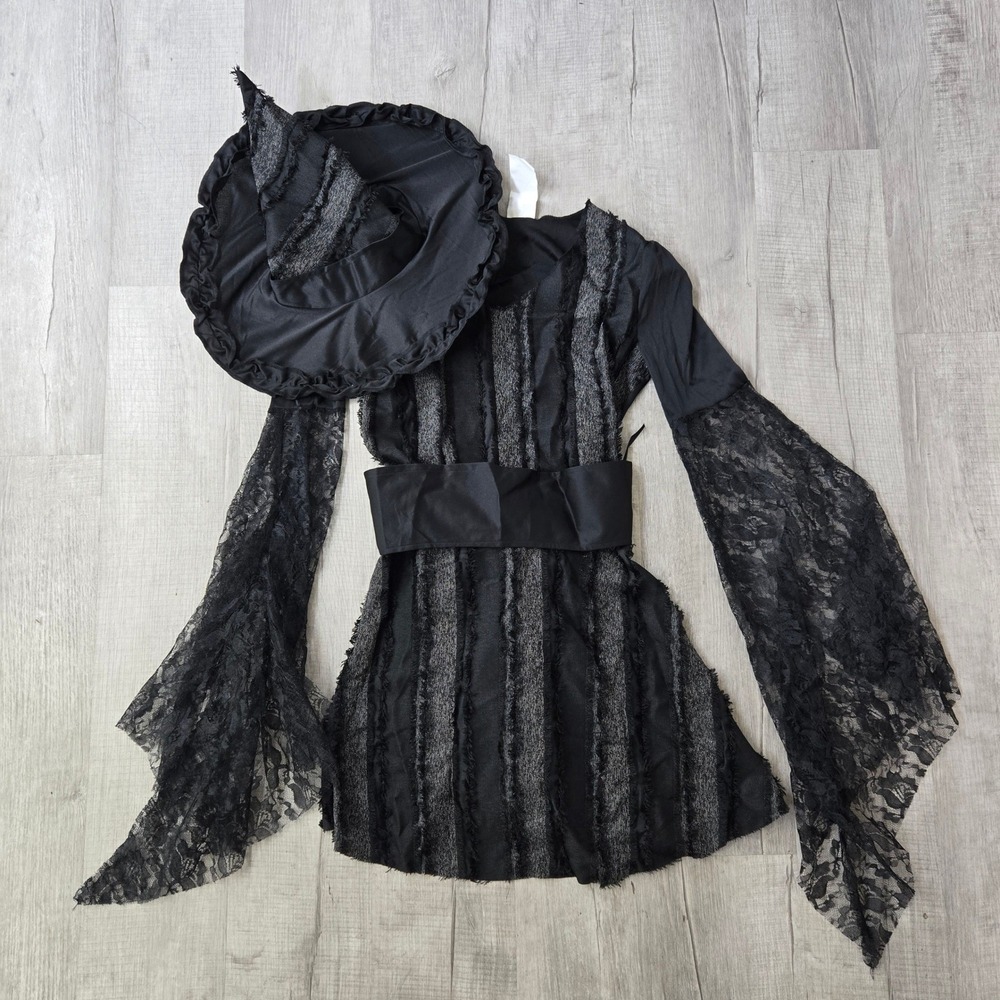 Fun World Witch Costume Women Medium/Large Black Lace Bell Sleeve Hat Halloween